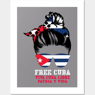 Messy Hair Woman Bun Free Cuba Flag Sos Cuban VIVA CUBA Posters and Art